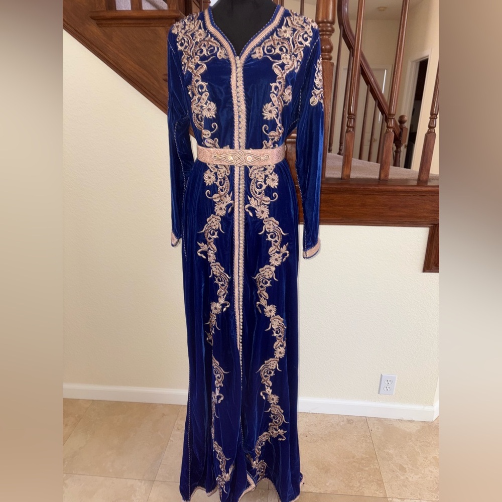 Elegant Blue and Gold Embroidered Kaftan